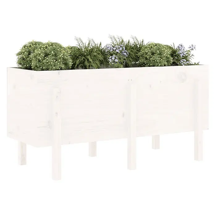 Furnicato Hochbeet - 50 x 121 x 57 cm, Holz, Weiße Kiefer - Erhöhter Pflanzkasten aus hellem Holz, gefüllt mit Grünpflanzen und lila Blumen.