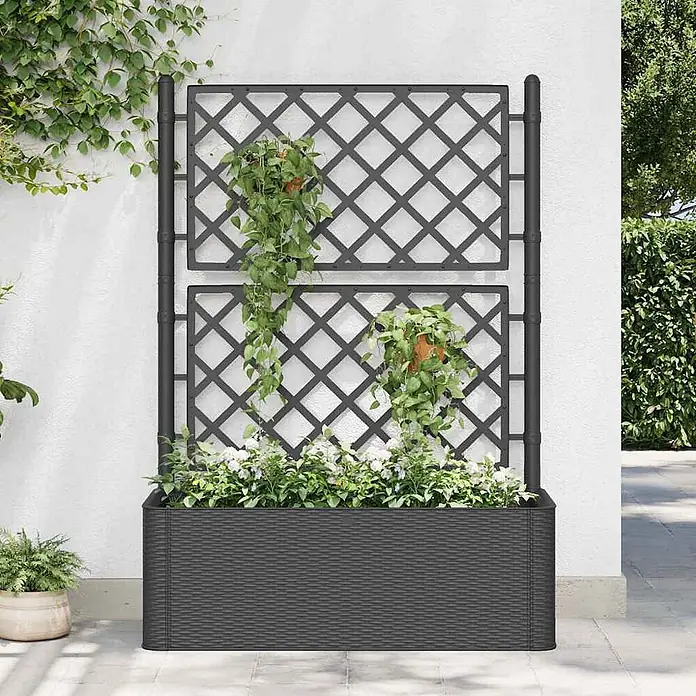 Furnicato Hochbeet - 100 x 43 x 142 cm, Kunststoff, Anthrazit - Dunkelgrauer Pflanzkasten im Rattan-Stil mit Spalier, gefüllt mit Blumen und Kletterpflanzen, im Freien.