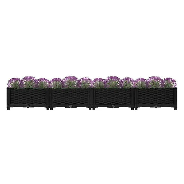 Furnicato Hochbeet - 160 x 40 x 23 cm, Kunststoff, Schwarz - Modulare schwarze Pflanzkästen in Rattan-Optik mit künstlichen lila Pflanzen.