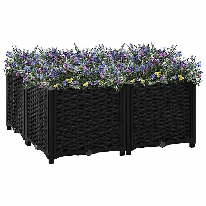 Furnicato Hochbeet Polypropylen - 80 x 80 x 38 cm, Kunststoff, Schwarz - Schwarzes Hochbeet in Rattanoptik, gefüllt mit bunten Blumen.