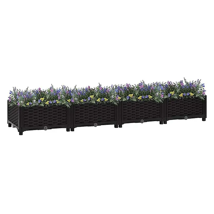Furnicato Hochbeet - 160 x 40 x 23 cm, Kunststoff, Schwarz - Langes, schwarzes, modular aufgebautes Pflanzgefäß im Rattan-Stil mit blauen, lila und gelben Blumen.
