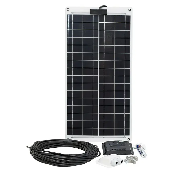 Sunset Solarmodul-Set Laminat - Nennleistung: 30 W, Für Booten, Yachten und Wohnmobilen - Das Bild zeigt ein flexibles Solarmodul-Kit, inklusive Solarmodul, Kabel, Laderegler, Dichtmittel und anderem Zubehör, ideal für netzunabhängige Stromversorgung.