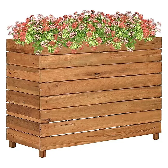 Furnicato Hochbeet - 40 x 100 x 72 cm, Holz, Braun - Langer Pflanzkasten aus braunem Holz mit Lattenstruktur, gefüllt mit lebhaften roten und rosa Blumen, auf kurzen Beinen.