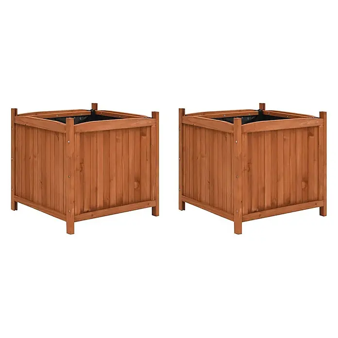 Furnicato Hochbeet Tannenholz lasiert - 50 x 50 x 50 cm, Holz, Braun - Zwei braune Pflanzkästen aus Holz mit schwarzen Innentaschen.
