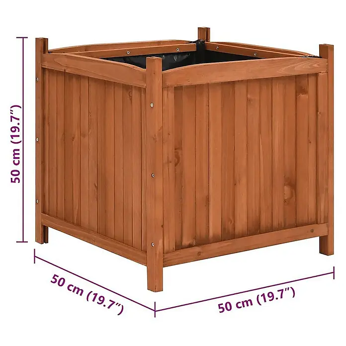 Furnicato Hochbeet Tannenholz lasiert - 50 x 50 x 50 cm, Holz, Braun - Quadratischer brauner Holz-Pflanzkübel mit schwarzem Einsatz, 50 cm.