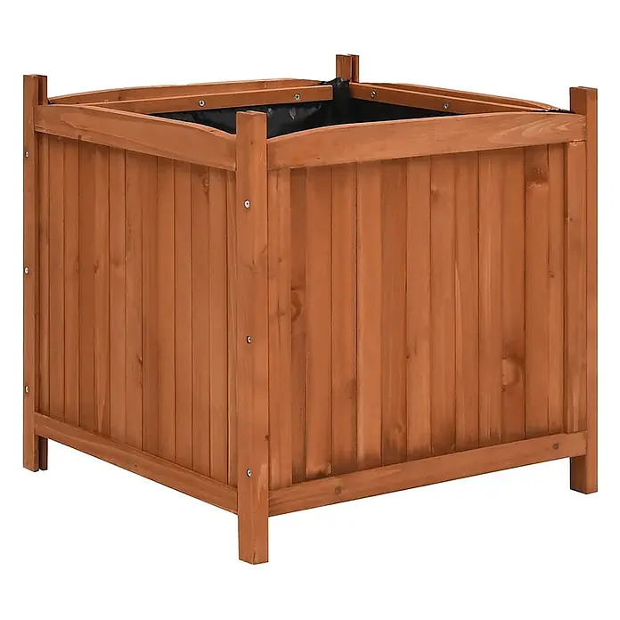 Furnicato Hochbeet Tannenholz lasiert - 50 x 50 x 50 cm, Holz, Braun - Brauner hölzerner Blumenkasten mit Lattenwänden und schwarzem Innenfutter zum Pflanzen.