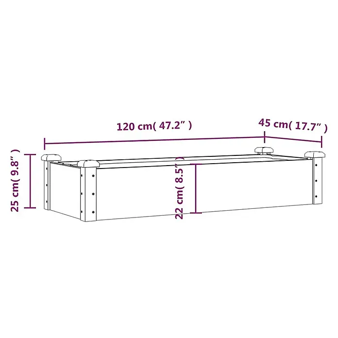 Furnicato Hochbeet - 120 x 45 x 25 cm, Holz, Braun - Umrisszeichnung eines rechteckigen Hochbeets mit Abmessungen: 120x45x25 cm (L x B x H), Innenhöhe 22 cm.
