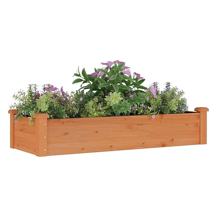 Furnicato Hochbeet - 120 x 45 x 25 cm, Holz, Braun - Hölzernes Hochbeet gefüllt mit lila und grünen Kunstpflanzen.