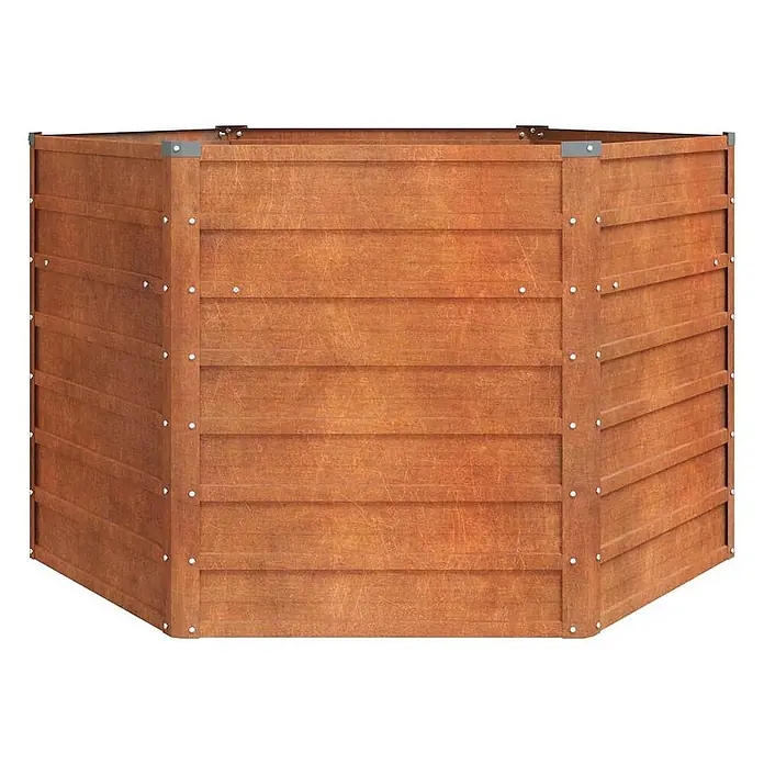 Furnicato Hochbeet - 129 x 129 x 77 cm, Stahl, Braun - Sechseckiger Komposter aus rötlich-braunen Holzbrettern mit Metallbefestigungen.