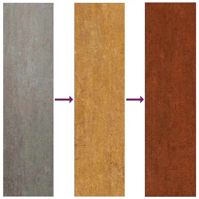 Furnicato Hochbeet - 360 x 40 x 80 cm, Stahl, Braun - Drei texturierte Materialplatten zeigen eine Entwicklung von Grau über Orange bis hin zu tief rotbraunem Rost.