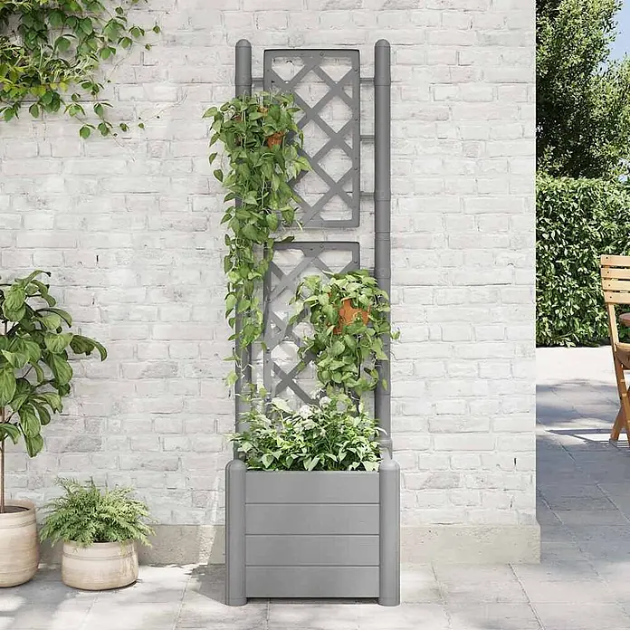 Furnicato Hochbeet Polypropylen Steingrau - 43 x 43 x 142 cm, Kunststoff, Grau - Grauer Outdoor-Pflanzkübel mit integriertem Rankgitter für Kletterpflanzen.