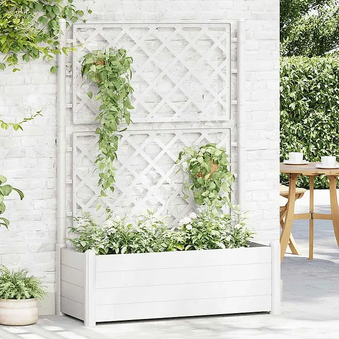 Furnicato Hochbeet - 43 x 100 x 142 cm, Kunststoff, Weiß - Weißes Holz-Pflanzgefäß mit integriertem Rankgitter, geeignet für Kletterpflanzen und Gartendekoration.