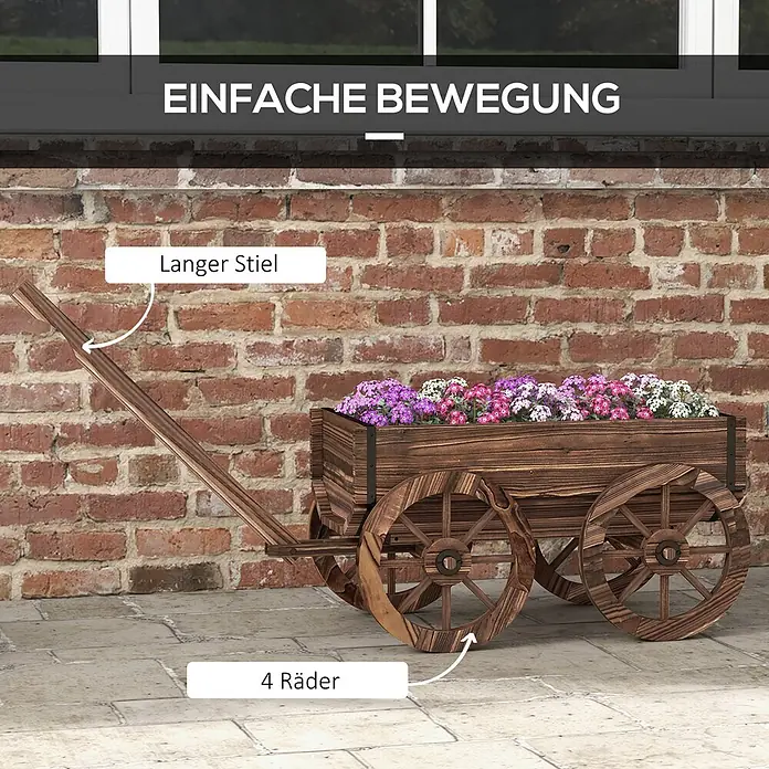 Furnicato Hochbeet - 120 x 41 x 54 cm, Holz, Verkohlt - Brauner Holz-Dekowagen-Pflanzkübel mit bunten Blumen, langem Stiel und vier Rädern.