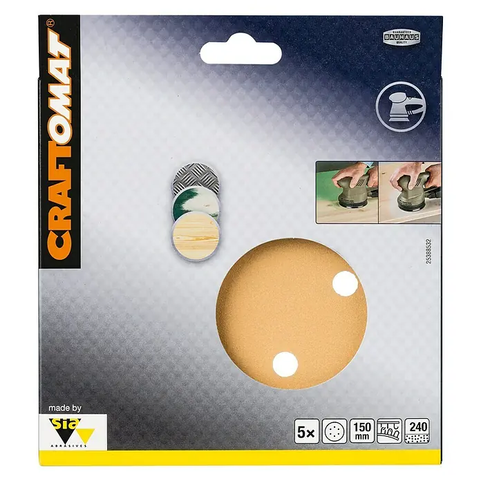 Craftomat Hoja de lija BFWP - Diámetro: 150 mm, Grano: 240, Perforado - Paquete de discos de lijar Craftomat, 150 mm de diámetro, grano 240, para lijado.