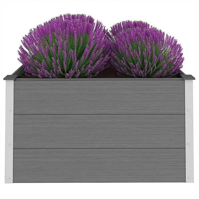 Furnicato Hochbeet - 100 x 100 x 54 cm, Verbundwerkstoff, Grau - Dunkelgrauer Verbundstoff-Pflanzkasten mit Holzmaserung, gefüllt mit zwei leuchtend violetten Heidepflanzen.