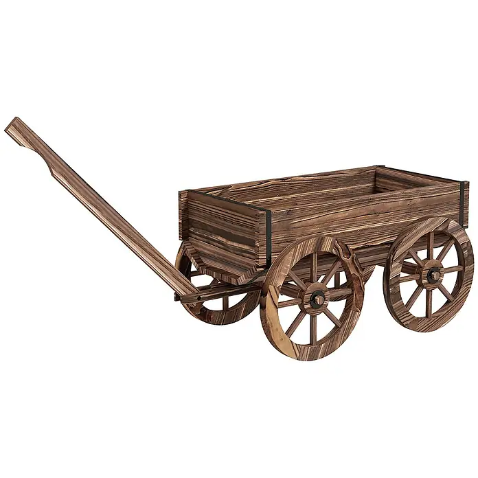Furnicato Hochbeet - 120 x 41 x 54 cm, Holz, Verkohlt - Dunkelbrauner, dekorativer Holzwagen mit Griff und vier Rädern.