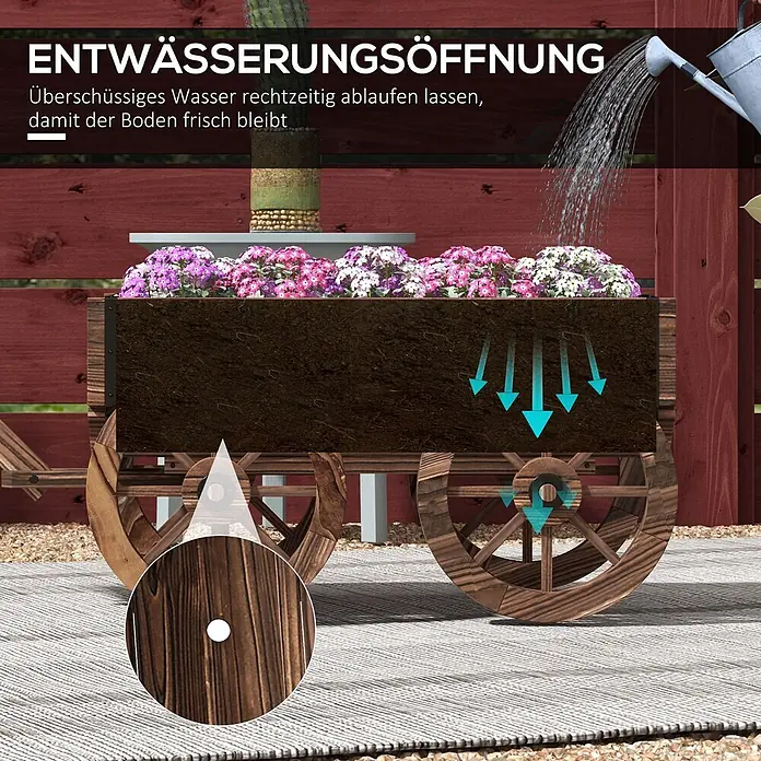 Furnicato Hochbeet - 120 x 41 x 54 cm, Holz, Verkohlt - Hölzerner Pflanzkübel auf Wagenrädern mit rosa Blumen, zeigt ein Drainage-Loch, das Wasser abfließen lässt.
