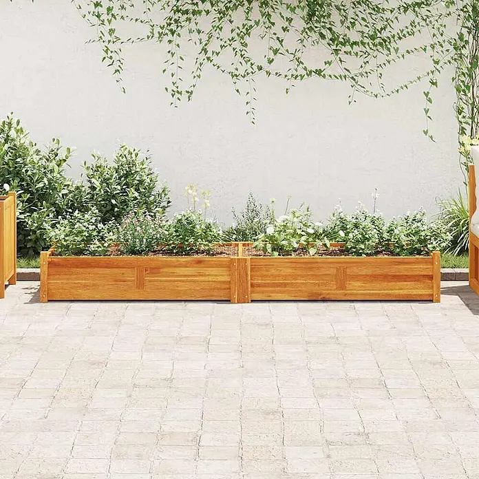 Furnicato Hochbeet - 200 x 50 x 25 cm, Holz, Braun - Zwei Hochbeete aus Naturholz, mit Pflanzen gefüllt, auf einer Terrasse.
