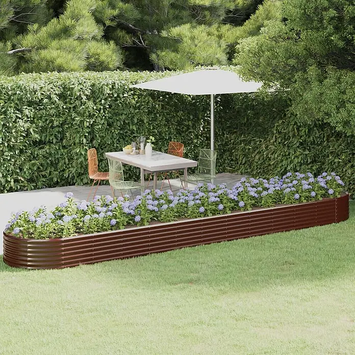 Furnicato Hochbeet - 507 x 100 x 36 cm, Stahl, Braun - Braunes Wellblech-Hochbeet mit lila Blumen, das einen Gartenbereich belebt.