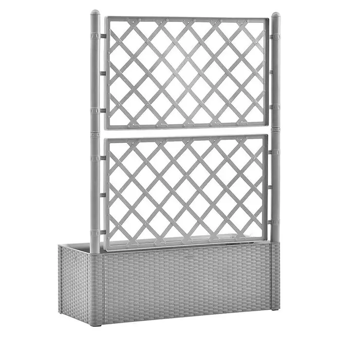 Furnicato Hochbeet - 100 x 43 x 142 cm, Kunststoff, Grau - Grauer Pflanzkübel aus Kunststoff mit zwei rechteckigen Rankgittern und geflochtener Rattan-Basis.