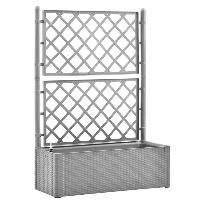 Furnicato Hochbeet - 100 x 43 x 142 cm, Kunststoff, Grau - Graues Pflanzgefäß in Rattan-Optik mit integriertem zweiteiligem Spalier.