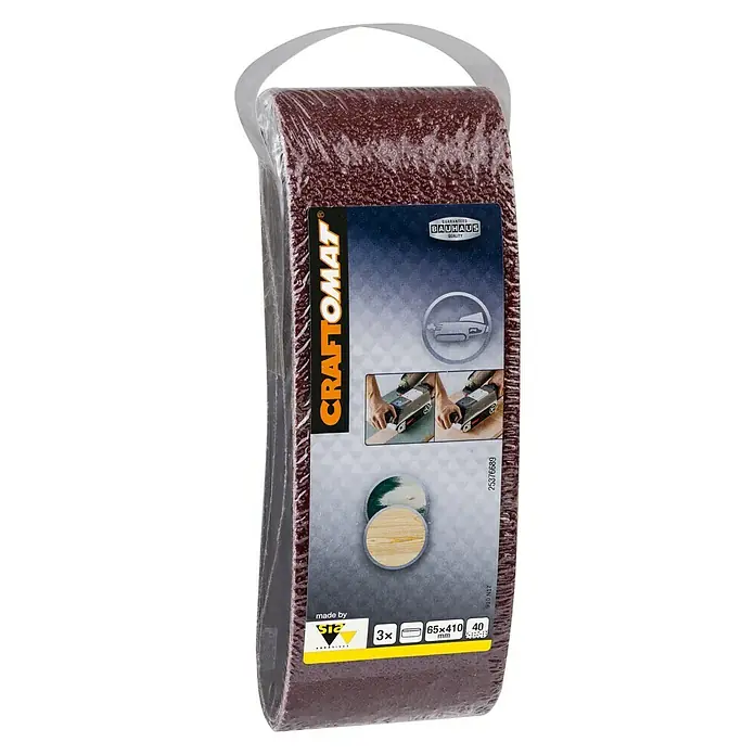 Craftomat Lija de banda - L x An: 410 x 65 mm, Grano: 40, 3 ud. - Las bandas de lija Craftomat, tamaño 65x410 mm, grano 40, en un paquete de 3, ideales para lijar madera y otros materiales.