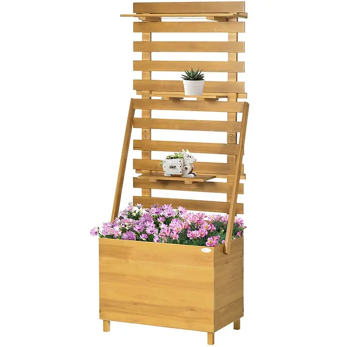 Furnicato Hochbeet - 63 x 39 x 160 cm, Holz, Braun - Holzkübel mit integriertem Rankgitter und kleinen Ablagen, bestückt mit einer Sukkulente, einer Hasenfigur und rosa-lila Blumen.
