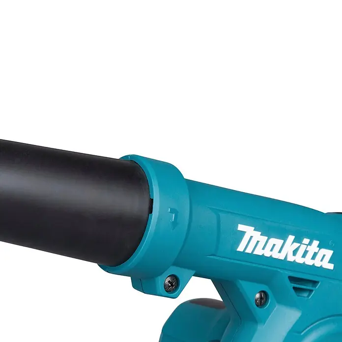 Makita XGT 40V max. Akku-Gebläse UB002GZ01 - 40 V, Ohne Akku, Blasgeschwindigkeit: 99 m/s - Nahaufnahme einer blauen und schwarzen Makita Gebläsedüse und des Gehäuses mit Logo und Richtungspfeil.