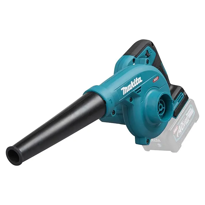 Makita XGT 40V max. Akku-Gebläse UB002GZ01 - 40 V, Ohne Akku, Blasgeschwindigkeit: 99 m/s - Türkiser und schwarzer Makita XGT Akku-Laubbläser mit langem Rohr.