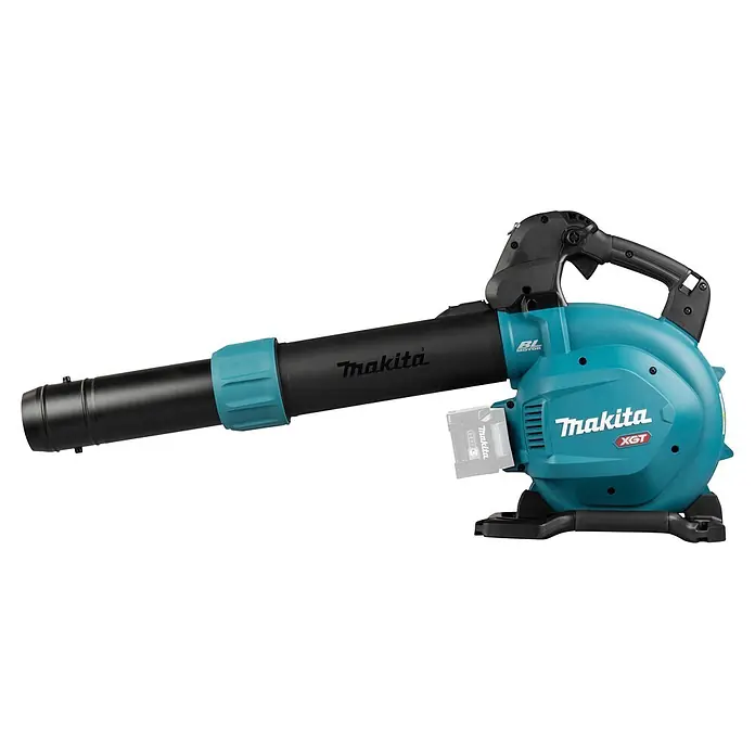Makita XGT 40V max. Akku-Gebläse UB003GZ - 40 V, Ohne Akku, Blasgeschwindigkeit: 68 m/s - Türkis-schwarzer Makita Akku-Laubbläser mit sichtbarem Akkuschacht.