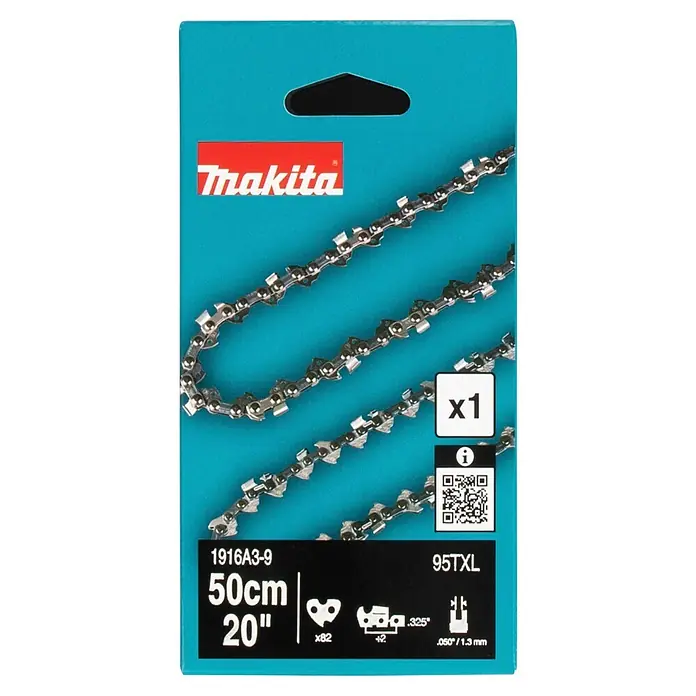 Makita Sägekette 95XTL - Passend für: 50 cm Sägeschienen mit 1,3 mm Schienennutbreite und 0,325"-Teilung - Makita 50cm (20") 95TXL silberne Sägekette mit .325" Teilung und 82 Treibgliedern auf der Verpackung.