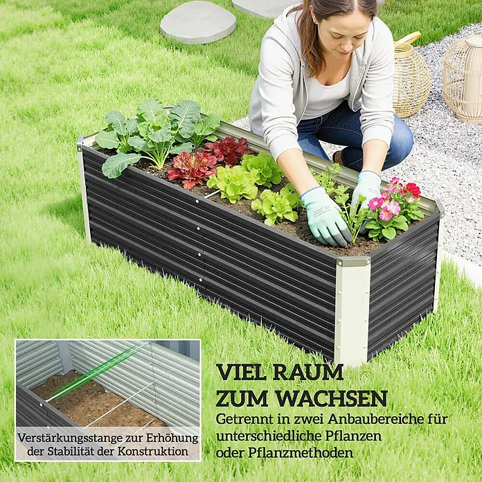 Furnicato Hochbeet - 125 x 47 x 40 cm, Stahl, Kohlegrau - Frau pflegt ein dunkles Wellblech-Hochbeet mit hellen Eckpfosten, das zwei Pflanzenbereiche enthält.
