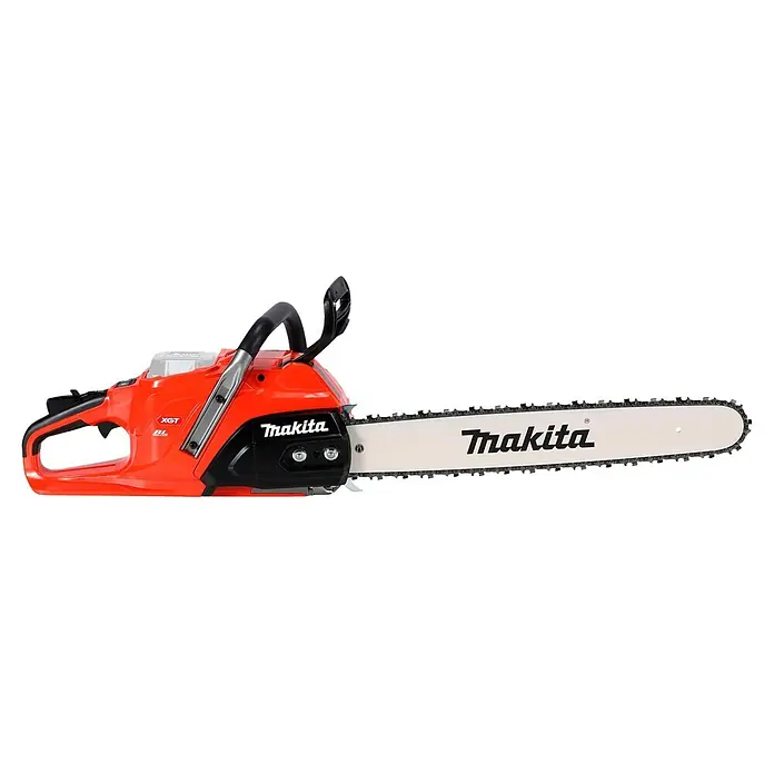 Makita XGT 40V max. Akku-Kettensäge UC030GZ03 - 40 V, Ohne Akku, Schwertlänge: 50 cm - Orange-schwarze Makita Kettensäge mit silbernem Schwert und scharfer Kette.