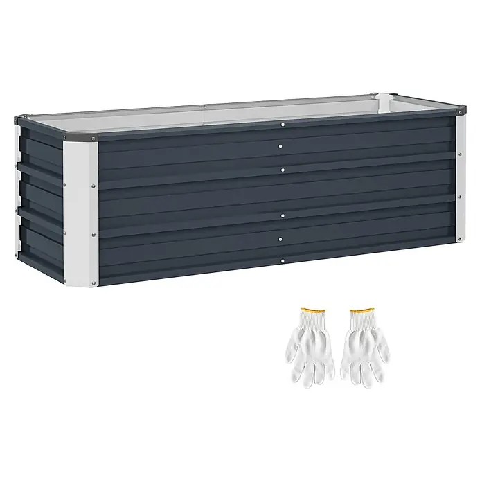Furnicato Hochbeet - 125 x 47 x 40 cm, Stahl, Kohlegrau - Dunkelgraues und weißes Hochbeet aus Metall mit einem Paar weißer Gartenhandschuhe mit gelben Bündchen.