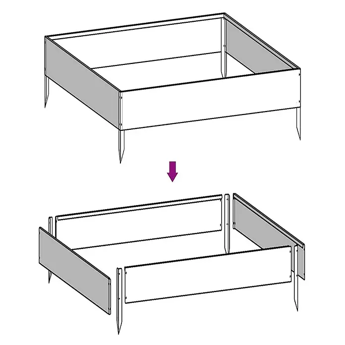 Furnicato Hochbeet - 100 x 100 x 33,5 cm, Stahl, Witterungsbeständiger Stahl/Braun - Modulares Hochbeet mit weißen und grauen Paneelen und Erdspießen, montiert und demontiert dargestellt.