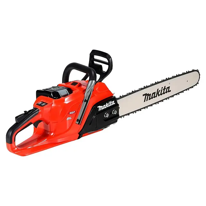 Makita Akku-Kettensäge UC030GE103 - 40 V, Li-Ionen, 1 Akku, Schwertlänge: 50 cm - Orange-schwarze Makita Akku-Kettensäge mit silberner Führungsschiene.
