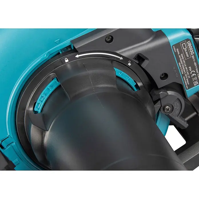 Makita XGT 40V max. Akku-Gebläse UB003GZ - 40 V, Ohne Akku, Blasgeschwindigkeit: 68 m/s - Nahaufnahme der türkisfarbenen und dunkelgrauen Düsenverbindung eines Elektrowerkzeugs mit drehbarem Verriegelungsmechanismus und Schlosssymbolen.