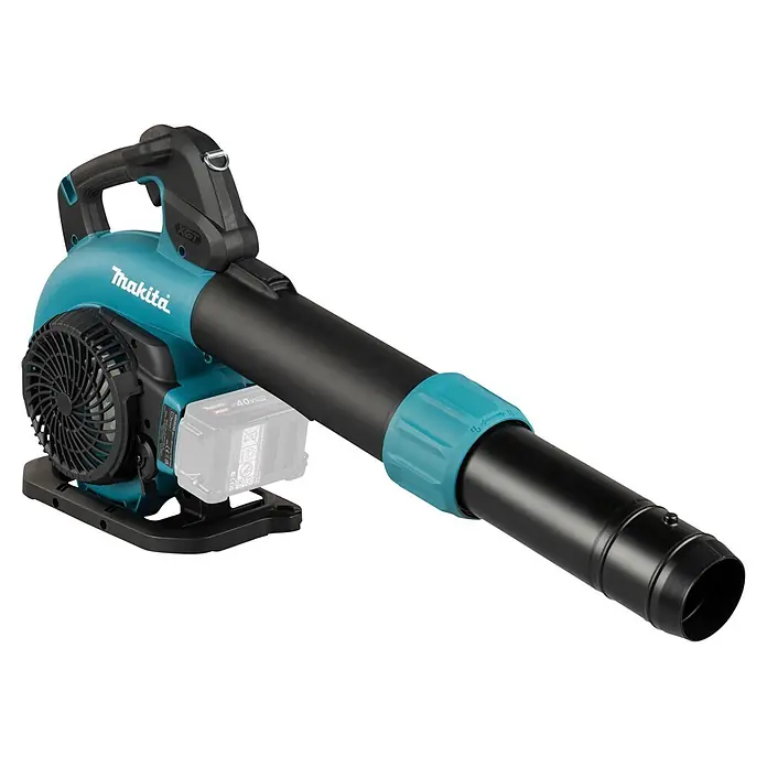 Makita XGT 40V max. Akku-Gebläse UB003GZ - 40 V, Ohne Akku, Blasgeschwindigkeit: 68 m/s - Makita XGT 40V max Akku-Laubbläser in Türkis und Schwarz, mit Akkupack und aufgesetzter Düse.
