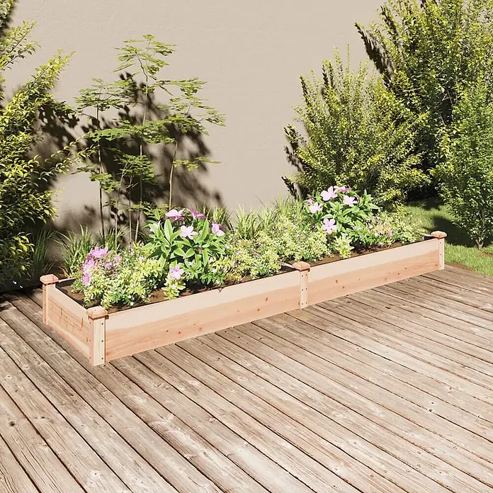 Furnicato Hochbeet - 240 x 60 x 25 cm, Holz, Natur - Hölzernes Hochbeet, bepflanzt mit Blumen und Grünzeug, auf einer Holzterrasse.