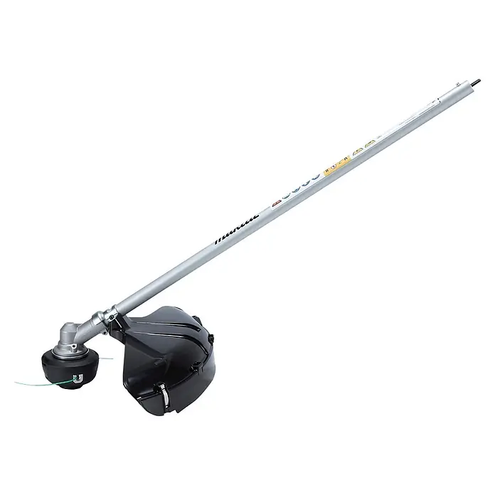 Makita Rasentrimmeraufsatz EM404MP - Passend für: 255 mm Kunststoff-Messerkopf 255 mm, 230 mm Metallschneideblatt oder 420 mm Fadenkopf - Ein silberner Freischneider mit schwarzem Motorkopf und grünem Trimmerfaden zum Schneiden von Gras und Unkraut.