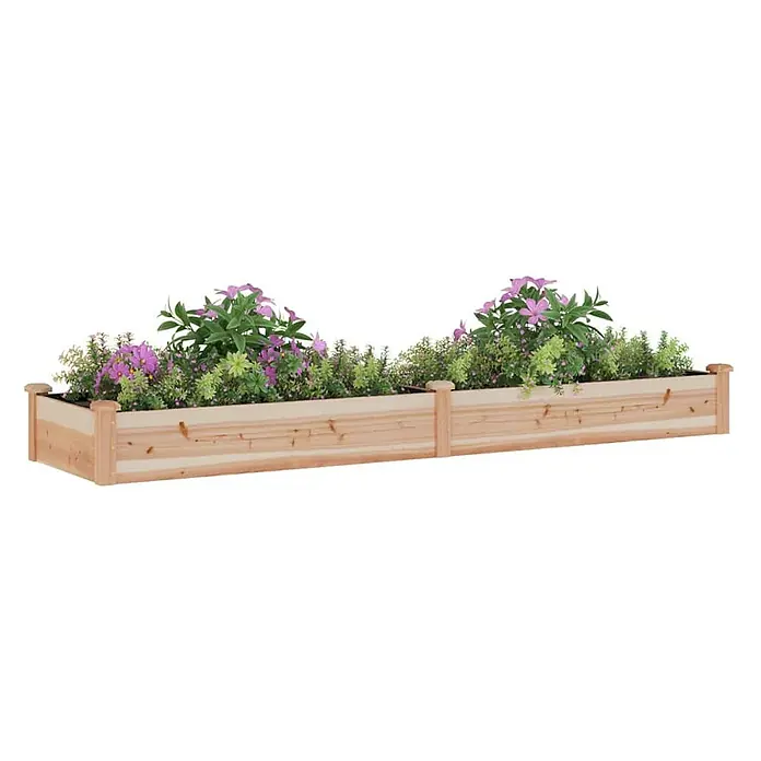 Furnicato Hochbeet - 240 x 60 x 25 cm, Holz, Natur - Langes Pflanzgefäß aus Holz, gefüllt mit lila und grünen Pflanzen und Blumen.