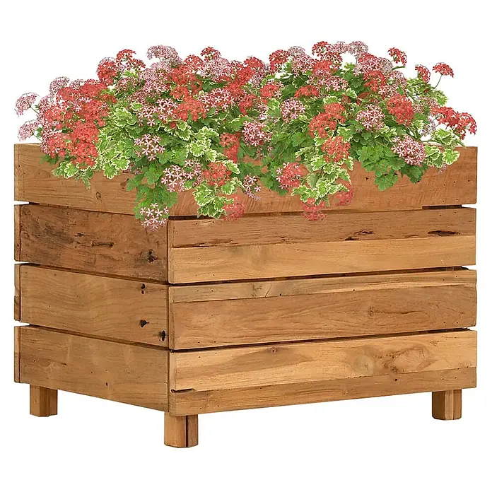 Furnicato Hochbeet - 40 x 50 x 38 cm, Holz, Braun - Rustikaler Holzpflanzkasten mit rosa und roten Blumen.