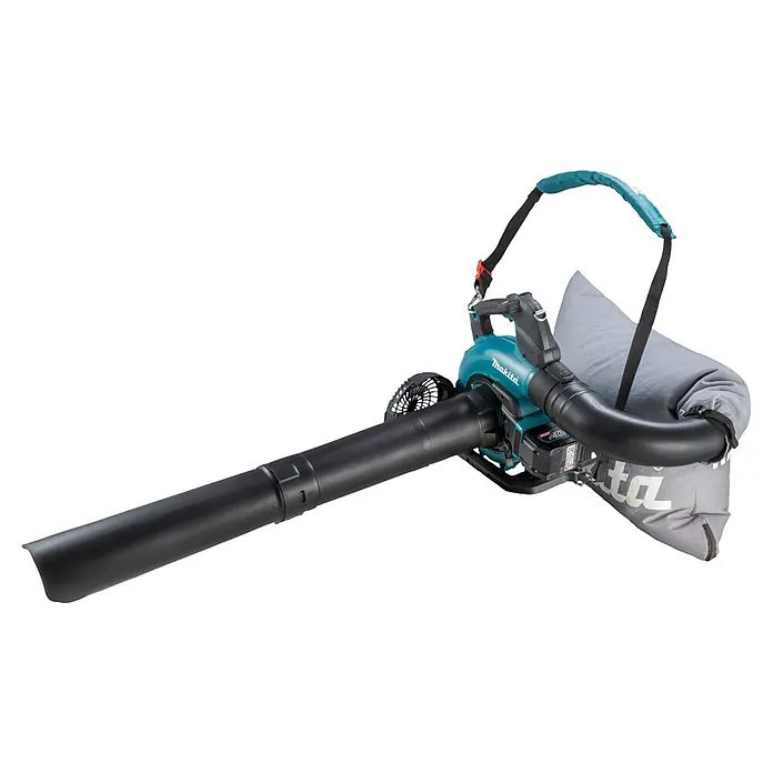 Makita XGT 40V max. Akku-Gebläse UB003GZ - 40 V, Ohne Akku, Blasgeschwindigkeit: 68 m/s - Makita Akku-Laubbläser/-sauger in Türkis und Schwarz mit grauem Fangsack und Schultergurt.