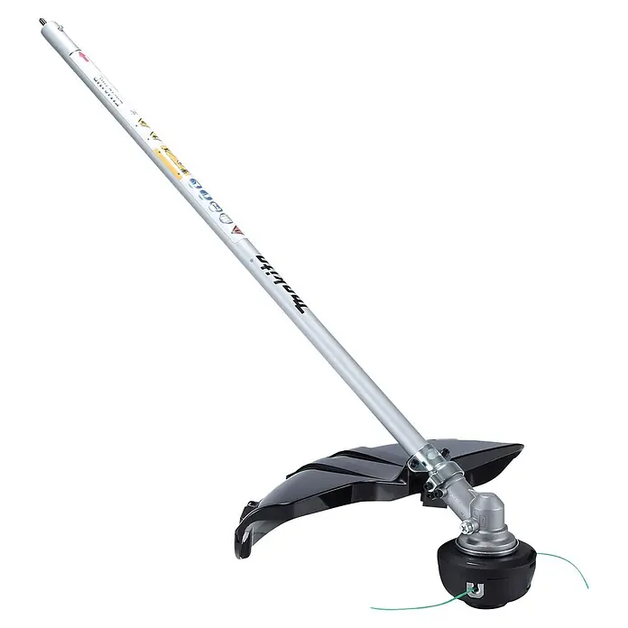 Makita Rasentrimmeraufsatz EM404MP - Passend für: 255 mm Kunststoff-Messerkopf 255 mm, 230 mm Metallschneideblatt oder 420 mm Fadenkopf - Makita Fadenkopf-Aufsatz mit silbernem Schaft, schwarzem Schutz und Fadenkopf mit grüner Schnur.