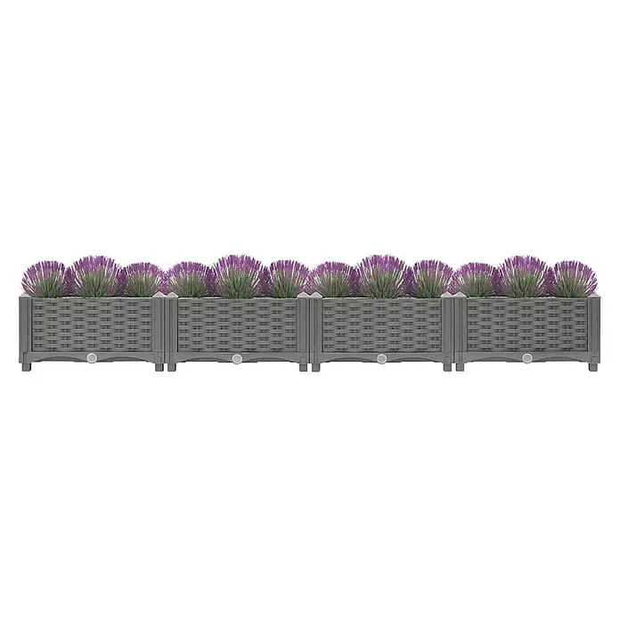 Furnicato Hochbeet - 160 x 40 x 23 cm, Kunststoff, Hellgrau - Modulare Pflanzkästen in Grau mit Rattan-Optik, gefüllt mit lila Kunstblumen.