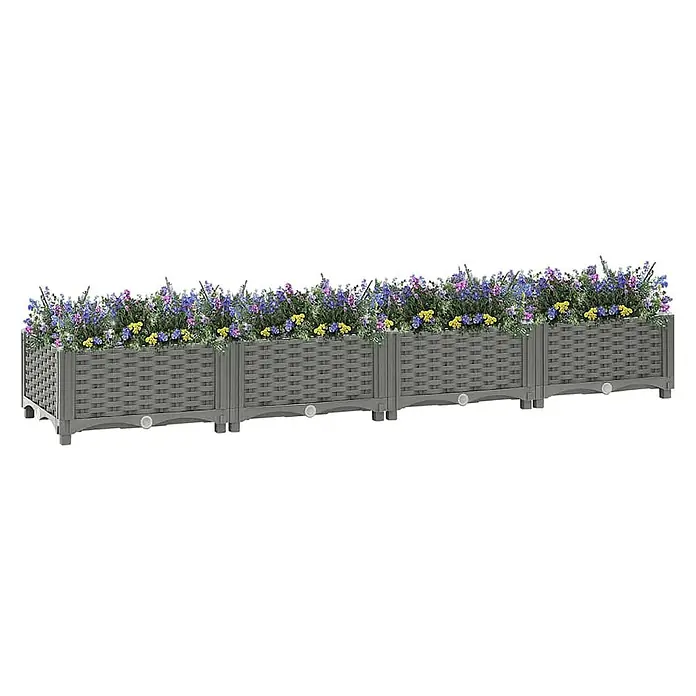 Furnicato Hochbeet - 160 x 40 x 23 cm, Kunststoff, Hellgrau - Langes, modulares Pflanzgefäß in Rattan-Optik, grau, gefüllt mit bunten Blumen. Mit Entwässerungsstopfen.