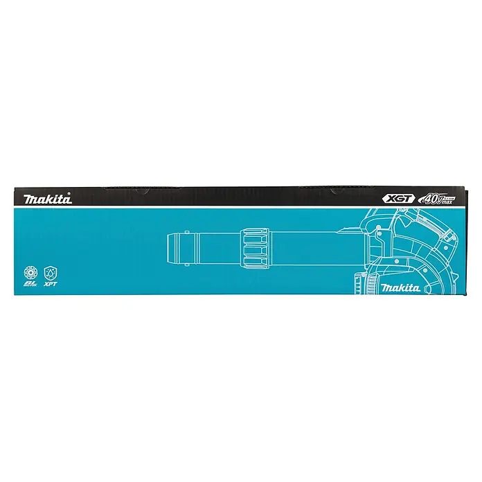 Makita XGT 40V max. Akku-Gebläse UB003GZ - 40 V, Ohne Akku, Blasgeschwindigkeit: 68 m/s - Makita XGT 40V max Li-ion Werkzeugkasten in Schwarz und Türkis mit weißer Skizze eines Gebläses und Logos.