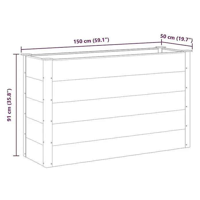 Furnicato Hochbeet - 150 x 50 x 91 cm, Verbundwerkstoff, Grau - Strichzeichnung eines rechteckigen Hochbeets mit Abmessungen 150x50x91 cm (LxBxH).
