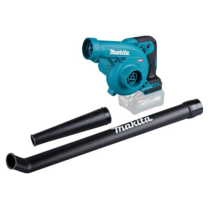 Makita XGT 40V max. Akku-Gebläse UB002GZ01 - 40 V, Ohne Akku, Blasgeschwindigkeit: 99 m/s - Türkis-schwarzer Makita Akku-Gebläse mit zwei schwarzen Düsenaufsätzen.