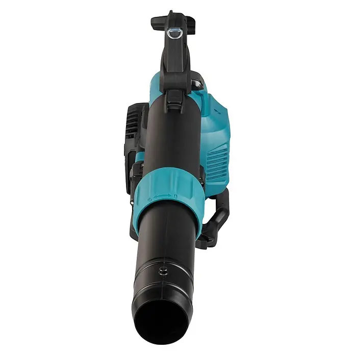 Makita XGT 40V max. Akku-Gebläse UB003GZ - 40 V, Ohne Akku, Blasgeschwindigkeit: 68 m/s - Vorderansicht eines schwarz-türkisen Laubbläsers, der Düse und Gehäusedetails zeigt.